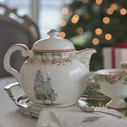 Arte Italica Natale teapot hand painted pine boughs Italian ceramic festive tea service