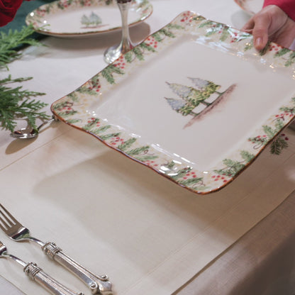 Arte Italica Natale square dinner plate hand painted snowy evergreens Italian ceramic holiday décor