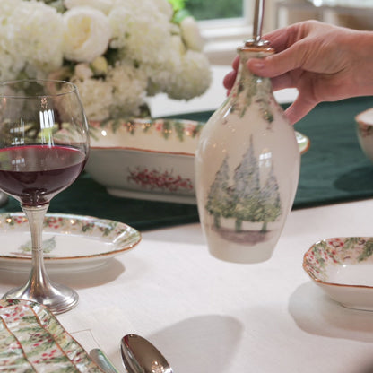 Arte Italica Natale oil bottle hand painted snowy evergreens Italian ceramic holiday