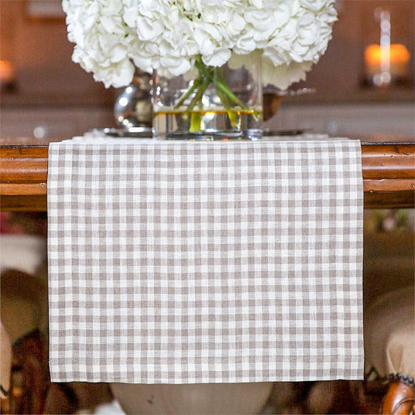 Taupe Checkered Linen Table Runner - 17" Wide
