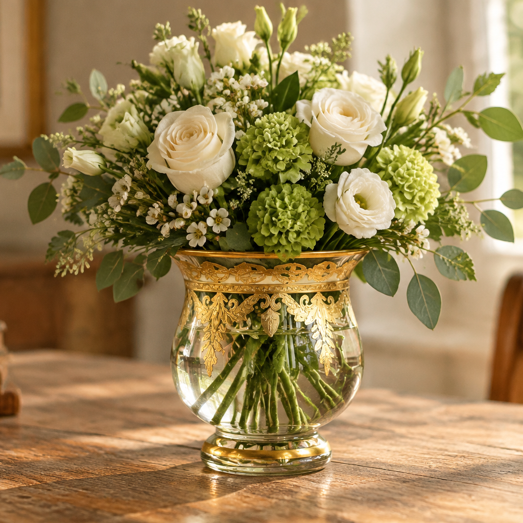 Vetro Gold Candleholder/Vase styled with white flowers